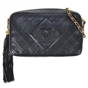 CHANEL Matelasse Chain Shoulder Bag in Black Lambskin with Coco Mark and Tassel